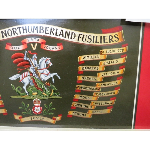 352 - A 2nd BATTALION ROYAL NORTHUMBERLAND FUSILLIERS HAND PAINTED DRUM PANEL, showing battle honours eith... 