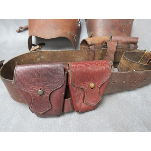 93 - WWII HOME GUARD LEATHER AMMO POUCHES AND BELT (DATED 1940), along with leather gaiters