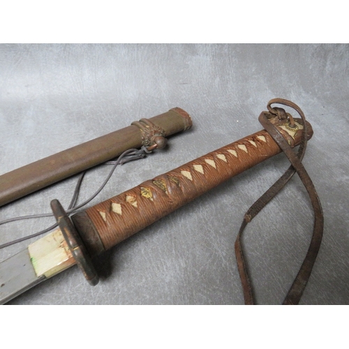 257 - A WW2 JAPANESE KATANA (SWORD), with leather, brass and copper fittings and tsuba, in steel scabbard,... 