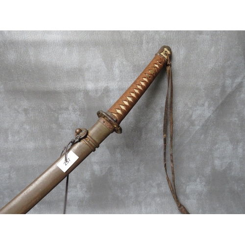 257 - A WW2 JAPANESE KATANA (SWORD), with leather, brass and copper fittings and tsuba, in steel scabbard,... 