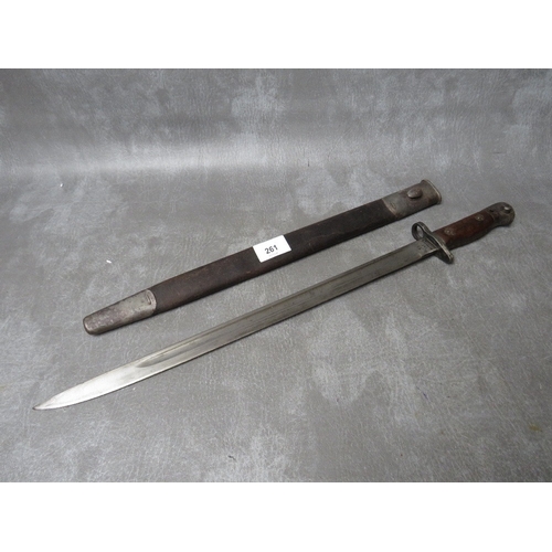 261 - A BRITISH 1907 PATTERN BAYONET, with issue mark 3 18, with plain wooden grip, makers mark for Wilkin... 