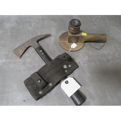 314 - A WW2 CHILLINGTON FIRE AXE AND COVER, along with a 1943 dated gun sight