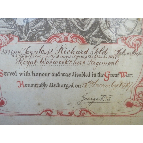 337 - A WWI HONORABLY DISCHARGED CERTIFICATE, NAMED TO 353044 LANCE CORP. RICHARD GOLD, Royal Warwickshire... 