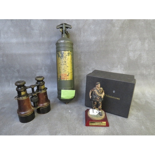 343 - A 1960s MILITARY FIRE EXTINGUISHER, a set of early 20th century French field glasses and a metal fig... 