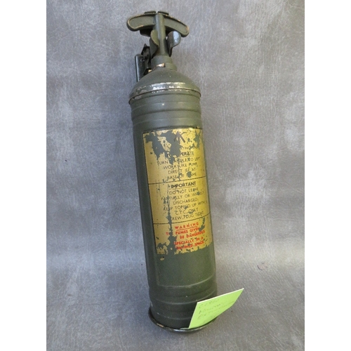 343 - A 1960s MILITARY FIRE EXTINGUISHER, a set of early 20th century French field glasses and a metal fig... 