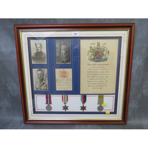 347 - WAR CASUALTY MEDAL GROUP, framed memorial scroll named Driver E. McWatt, Royal Regiment of Artillery... 