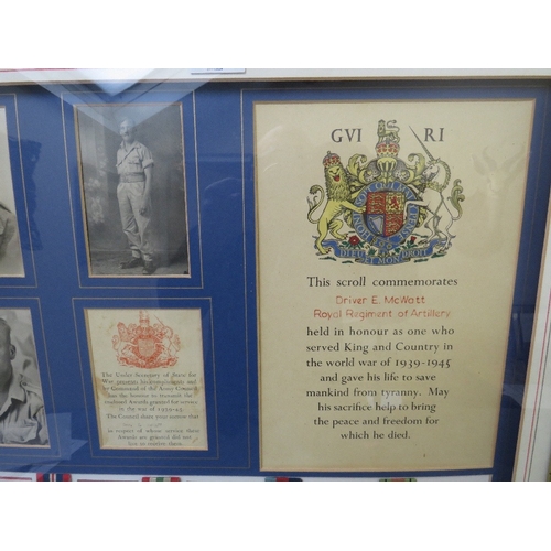 347 - WAR CASUALTY MEDAL GROUP, framed memorial scroll named Driver E. McWatt, Royal Regiment of Artillery... 