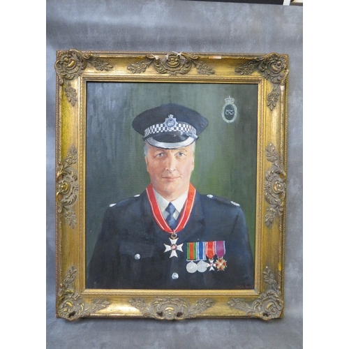 349 - LOCAL INTEREST - OIL ON CANVAS PORTRAIT OF STAFFORDSHIRE POLICE CHIEF MR JOHN MELLOR, in uniform, we... 