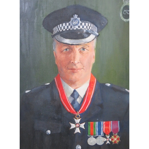 349 - LOCAL INTEREST - OIL ON CANVAS PORTRAIT OF STAFFORDSHIRE POLICE CHIEF MR JOHN MELLOR, in uniform, we... 