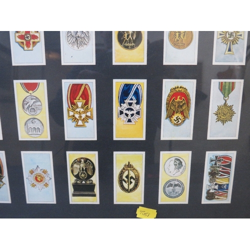 351 - A FRAMED SET OF CIGARETTE CARDS, depicting German WW2 medals and awards, 66 x 55 cm