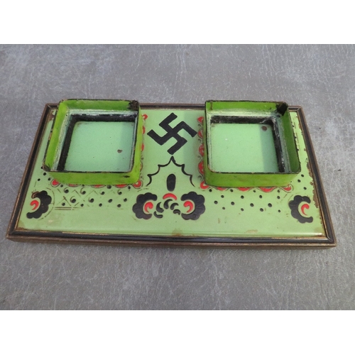 357 - A HAND PAINTED INK STAND, missing bottles, decorated with swastika motif (German / good luck symbol ... 