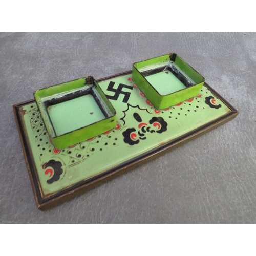 357 - A HAND PAINTED INK STAND, missing bottles, decorated with swastika motif (German / good luck symbol ... 