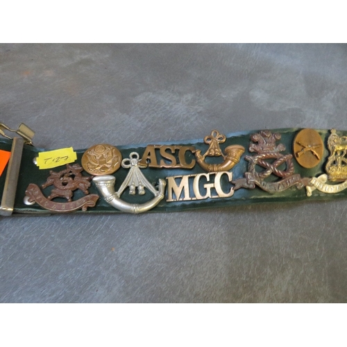 363 - A LEATHER BELT OF MILITARY BADGES AND BUTTONS, to include 'T14 County of London' title and Army Cycl... 