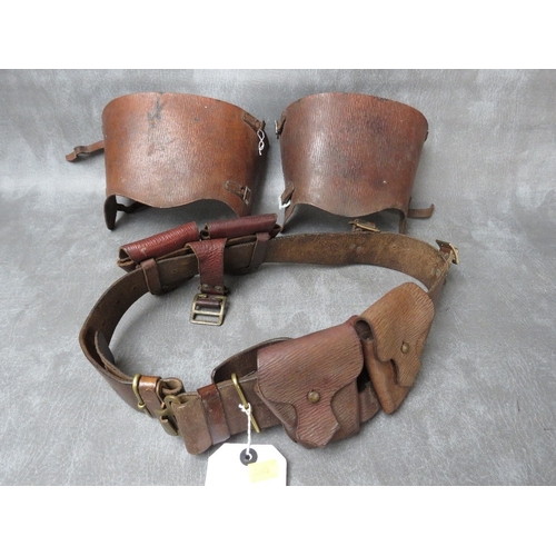 93 - WWII HOME GUARD LEATHER AMMO POUCHES AND BELT (DATED 1940), along with leather gaiters