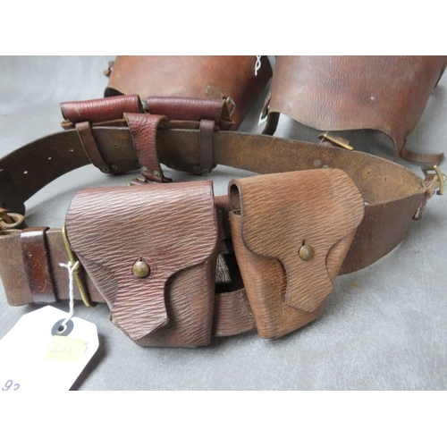 93 - WWII HOME GUARD LEATHER AMMO POUCHES AND BELT (DATED 1940), along with leather gaiters