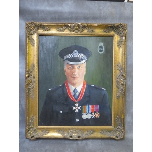 349 - LOCAL INTEREST - OIL ON CANVAS PORTRAIT OF STAFFORDSHIRE POLICE CHIEF MR JOHN MELLOR, in uniform, we... 