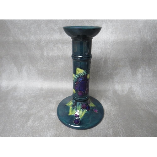 977 - A MOORCROFT FINCHES PATTERN CANDLESTICK, impressed marks to the base, H 20.5 cm