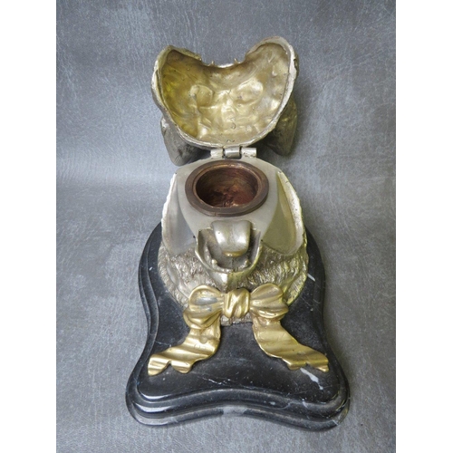 867 - A LARGE VINTAGE NOVELTY CAT INKWELL, the hinged lid opening to a circular inkwell on a shaped steppe... 