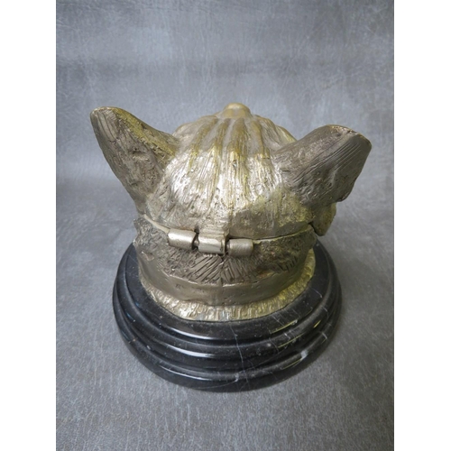 867 - A LARGE VINTAGE NOVELTY CAT INKWELL, the hinged lid opening to a circular inkwell on a shaped steppe... 