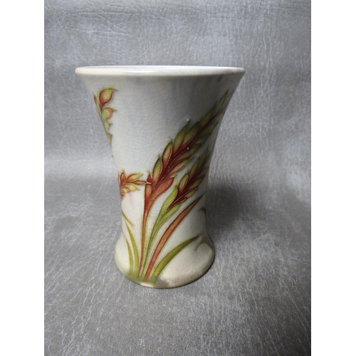 990 - A WILLIAM MOORCROFT 'WAVING CORN' PATTERN FLARED VASE, impressed and signed marks to base, H 11 cm