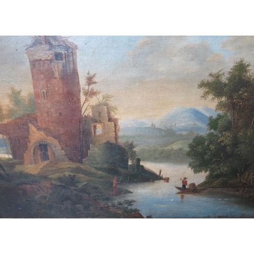 504 - AFTER CLAUDE LORRAIN, 19th century mountainous river landscape with figures, boat, cottage and ruins... 