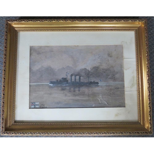 402 - STEPHEN CHAPMAN, 19th century study of a steam powered warship 'S.M.S Emden' in a coastal setting, s... 