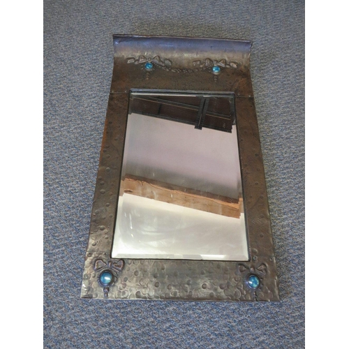 1150 - A 19TH CENTURY ART NOUVEAU PEWTER FRAMED MIRROR, with turquoise cabochons, frame 68 x 40 cm, mirror ... 