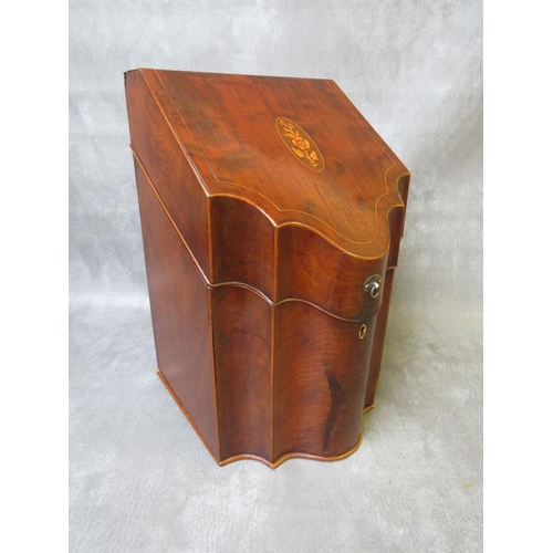 1091 - A 19TH CENTURY INLAID KNIFE BOX CONVERTED TO A STATIONARY BOX, the hinged lid with inlaid detail, op... 