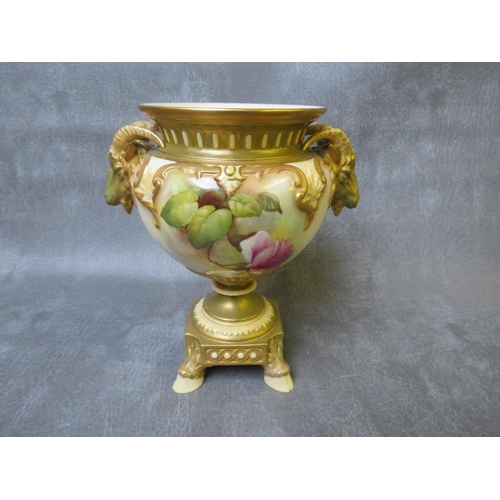 1017 - A ROYAL WORCESTER BLUSH IVORY PEDESTAL VASE, decorated with roses , having rams head masks to each s... 