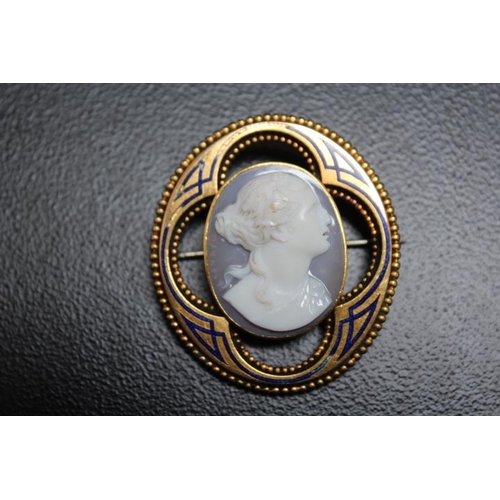 647 - AN UNUSUAL ENAMEL AND YELLOW METAL MOUNTED CAMEO BROOCH, approx weight 14.7g, H 4.25 cm