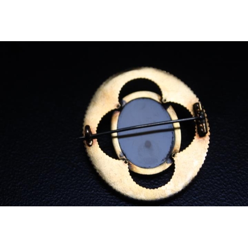 647 - AN UNUSUAL ENAMEL AND YELLOW METAL MOUNTED CAMEO BROOCH, approx weight 14.7g, H 4.25 cm