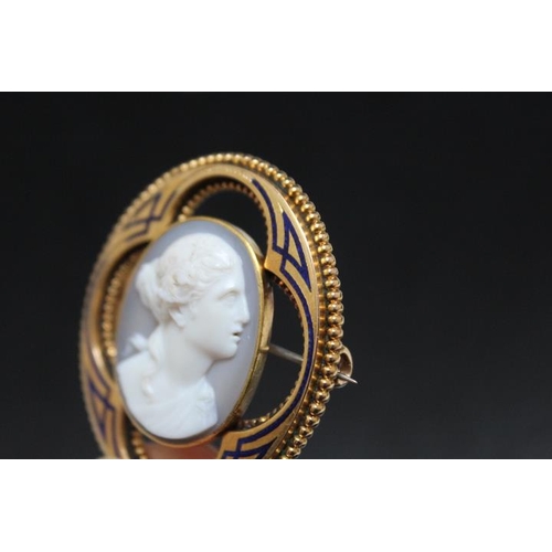 647 - AN UNUSUAL ENAMEL AND YELLOW METAL MOUNTED CAMEO BROOCH, approx weight 14.7g, H 4.25 cm