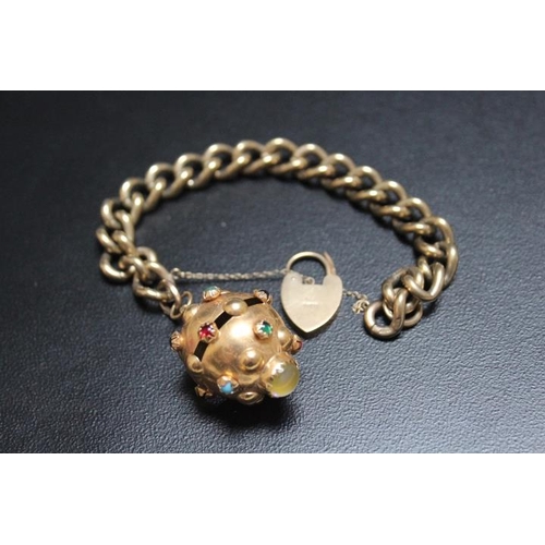 631 - A HALLMARKED 9 CARAT GOLD BRACELET WITH LATER APPLIED GEM SET SPHERE, the sphere having the connecti... 