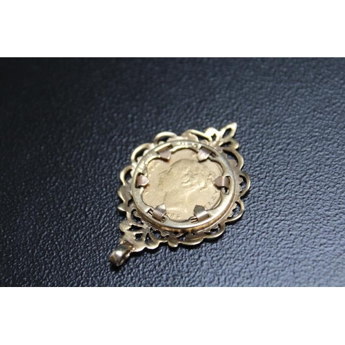 639 - A YOUNG QUEEN VICTORIA SHEILD BACKED HALF SOVEREIGN PENDANT, mounted in hallmarked 9 carat gold, hal... 