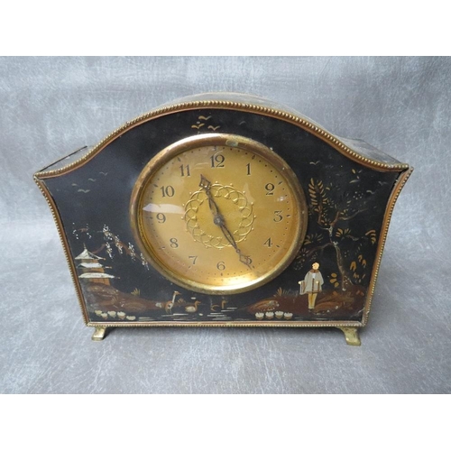 1149 - A 19TH CENTURY MANTLE CLOCK IN AN EBONISED EASTERN STYLE CASE, H 15.5 cm