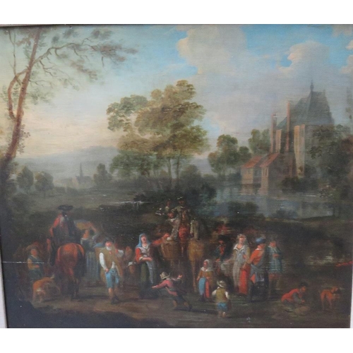 462 - CONTINENTAL SCHOOL (XIX), a crowd in a river landscape, oil on panel, framed, 29 x 32 cm