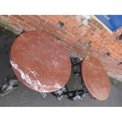 1173 - A PAIR OF 19TH CENTURY BRONZE AND MARBLE TOPPED TABLES IN THE EMPIRE STYLE, each with four winged fi... 