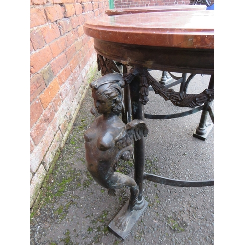 1173 - A PAIR OF 19TH CENTURY BRONZE AND MARBLE TOPPED TABLES IN THE EMPIRE STYLE, each with four winged fi... 