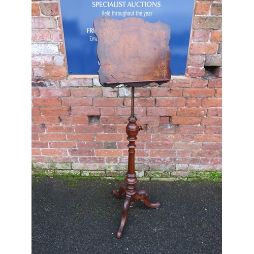 1168 - A VICTORIAN WALNUT INLAID ADJUSTABLE MUSIC STAND, fluted support and tripod base