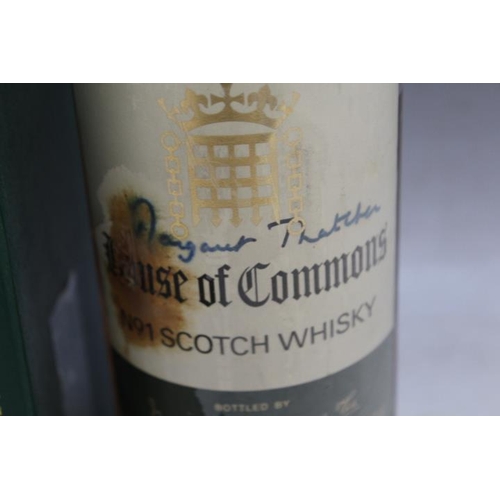 879 - 1 OPENED BOTTLE OF HOUSE OF COMMONS WHISKY SIGNED BY MARGERET THATCHER, collectors item only - not f... 