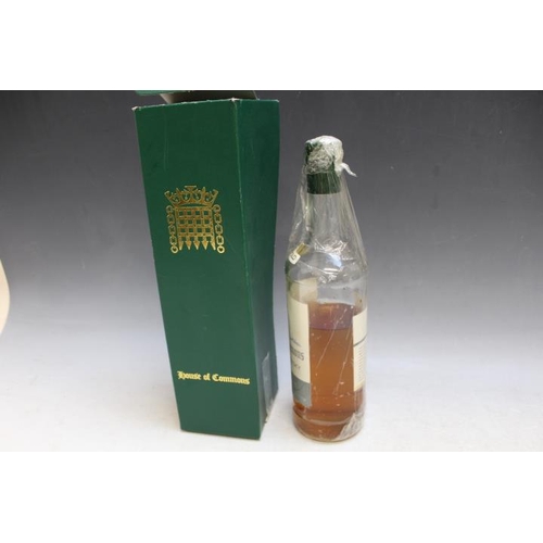 879 - 1 OPENED BOTTLE OF HOUSE OF COMMONS WHISKY SIGNED BY MARGERET THATCHER, collectors item only - not f... 