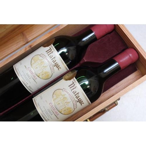 889 - A PRESENTATION WOODEN CASE OF 2 BOTTLES OF MATAYAC CAHORS 2003, with wax seal