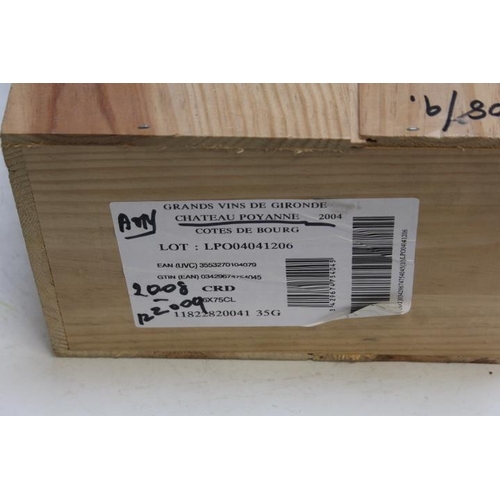 890 - AN UNOPENED WOODEN CASE OF 6 BOTTLES OF CHATEAU POYANNE COTES DE BOURG GRAND VIN DE BORDEAUX 2004 - ... 