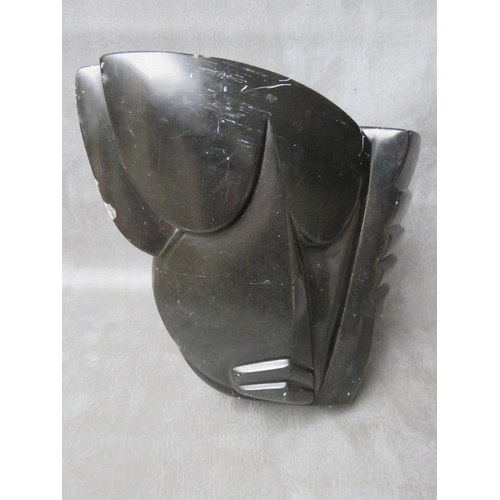 1124 - A 20TH CENTURY POLISEHD STONE ABSTRACT CARVING, signed to the reverse 'FARAI', H 28.5cm. W 25 cm