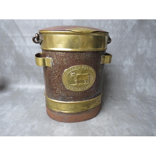 854 - A LATE VICTORIAN BRASS AND STEEL MILK CHURN, of oval form, with hinged lid and swing handle, brass b... 