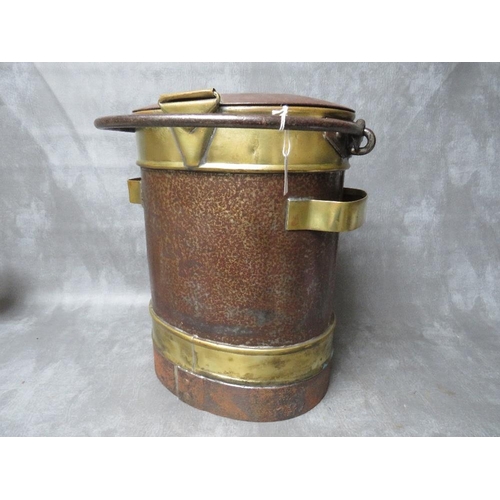 854 - A LATE VICTORIAN BRASS AND STEEL MILK CHURN, of oval form, with hinged lid and swing handle, brass b... 