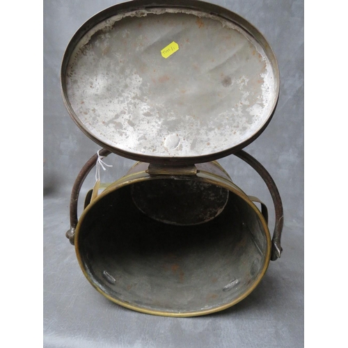 854 - A LATE VICTORIAN BRASS AND STEEL MILK CHURN, of oval form, with hinged lid and swing handle, brass b... 