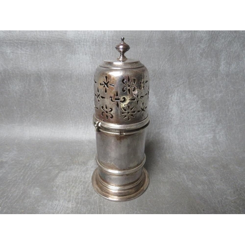 818 - A HALLMARKED SILVER LIGHTHOUSE CASTER - LONDON 1770, of cylinder form, with bayonet fastened high do... 