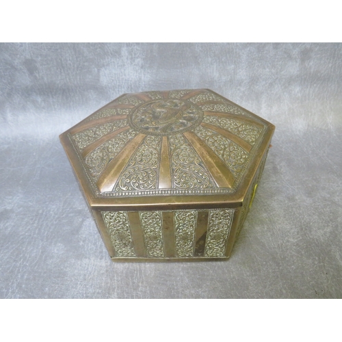 853 - A LATE 19TH / EARLY 20TH CENTURY ASIAN HEXAGONAL DECORATIVE BRASS BOX, with bird decoration to top, ... 