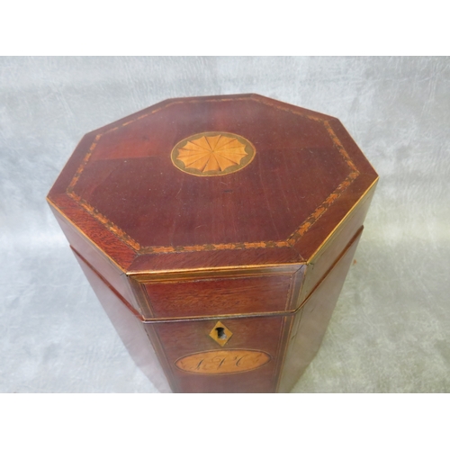 1073 - A 19TH CENTURY MAHOGANY OCTAGONAL INLAID CADDY, L 18 cm, W 18 cm, H 21 cm